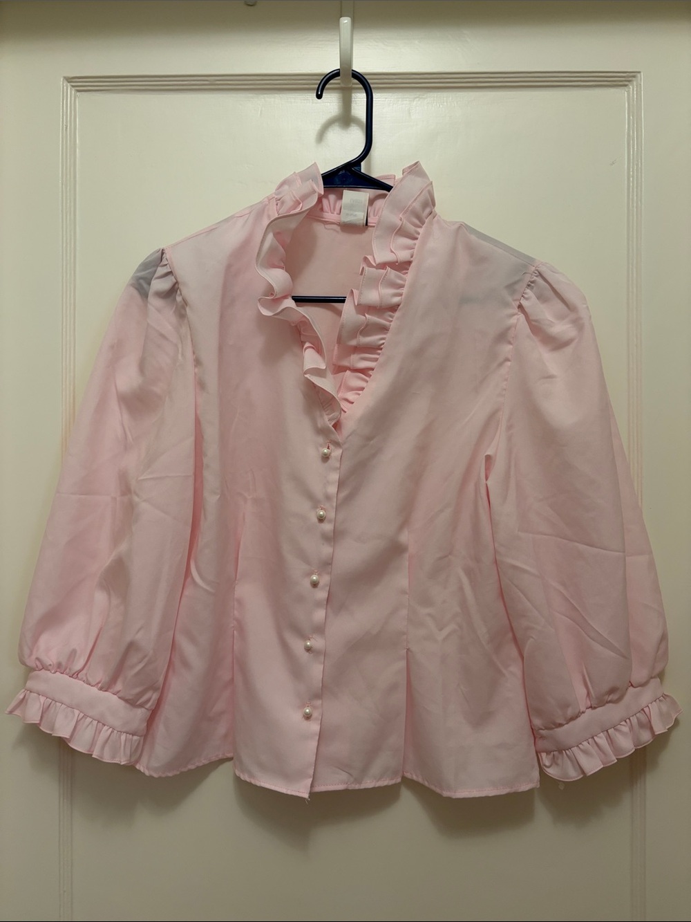 Ruffle-Collar Pink Pearl-Button Blouse